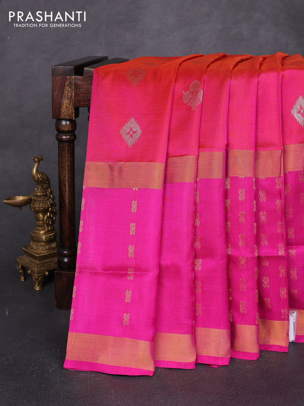 Pure uppada silk saree dual shade of pinkish orange and pink with allover zari woven buttas and long zari woven butta border