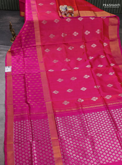 Pure uppada silk saree dual shade of pinkish orange and pink with allover zari woven buttas and long zari woven butta border