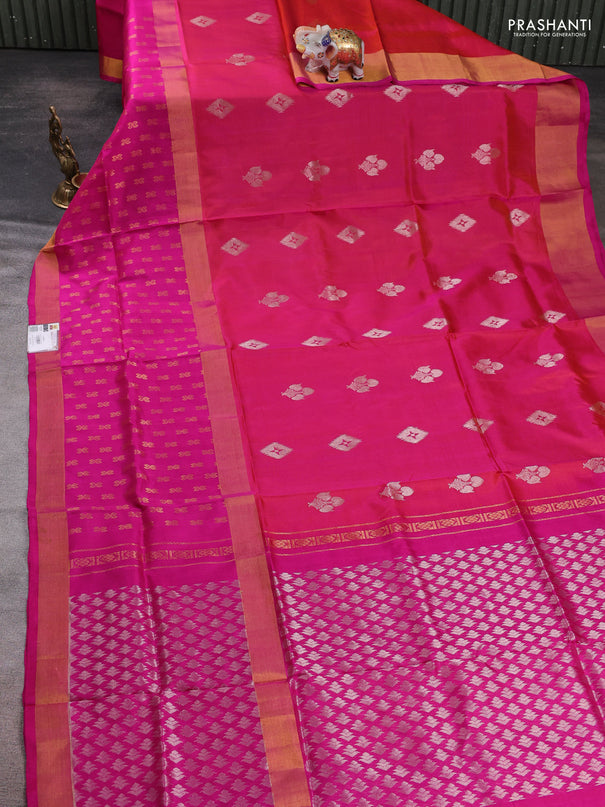 Pure uppada silk saree dual shade of pinkish orange and pink with allover zari woven buttas and long zari woven butta border