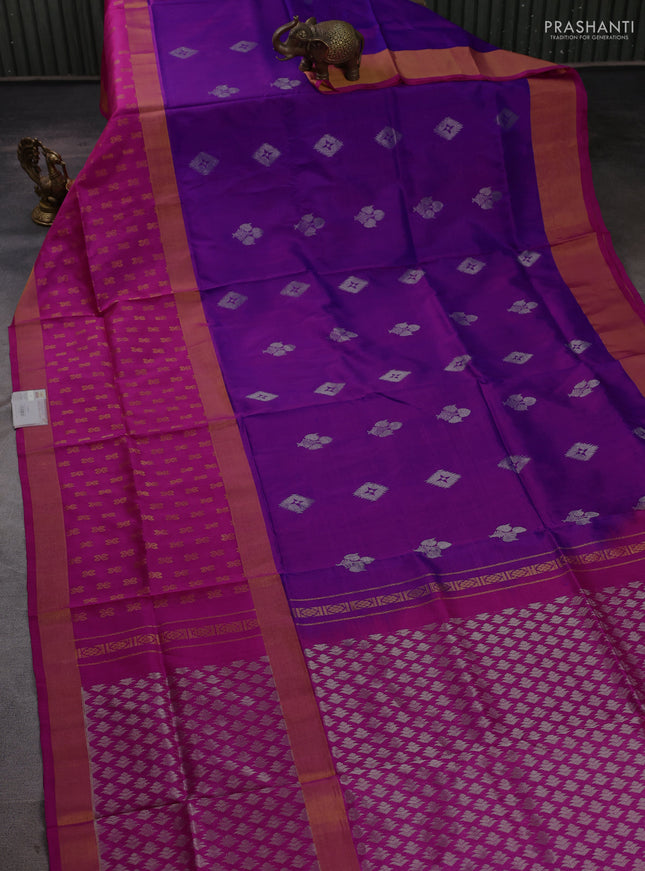 Pure uppada silk saree purple and pink with allover zari woven buttas and long zari woven butta border