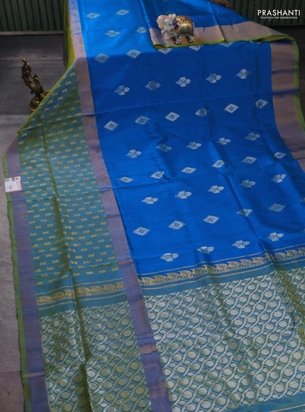 Pure uppada silk saree cs blue and dual shade of light green with allover zari woven buttas and long zari woven butta border