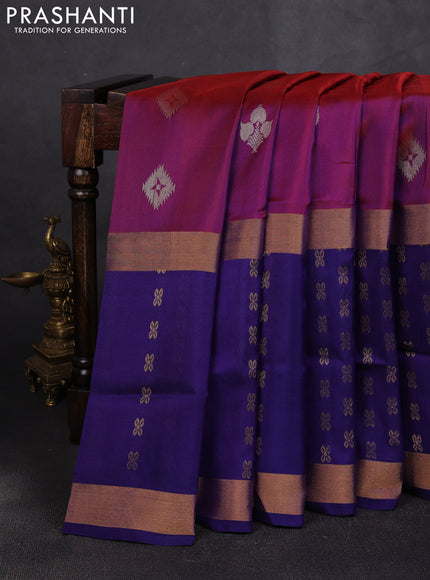Pure uppada silk saree dual shade of bluish pink and violet with allover zari woven buttas and zari woven border