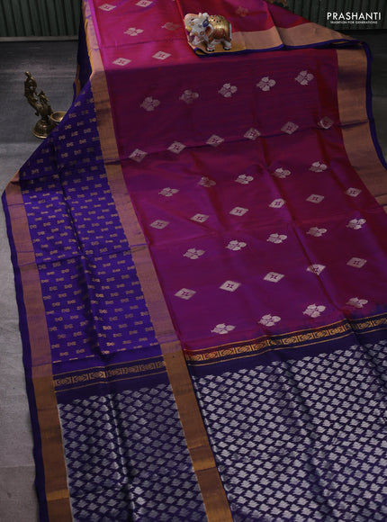 Pure uppada silk saree dual shade of bluish pink and violet with allover zari woven buttas and zari woven border