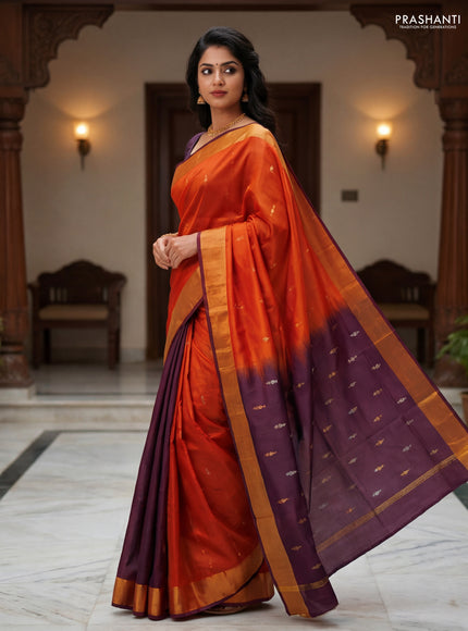 Pure uppada partly silk saree rust shade and coffee brown with allover silver & zari woven buttas and zari woven border