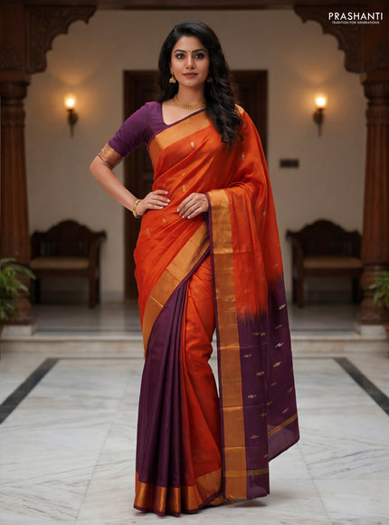 Pure uppada partly silk saree rust shade and coffee brown with allover silver & zari woven buttas and zari woven border
