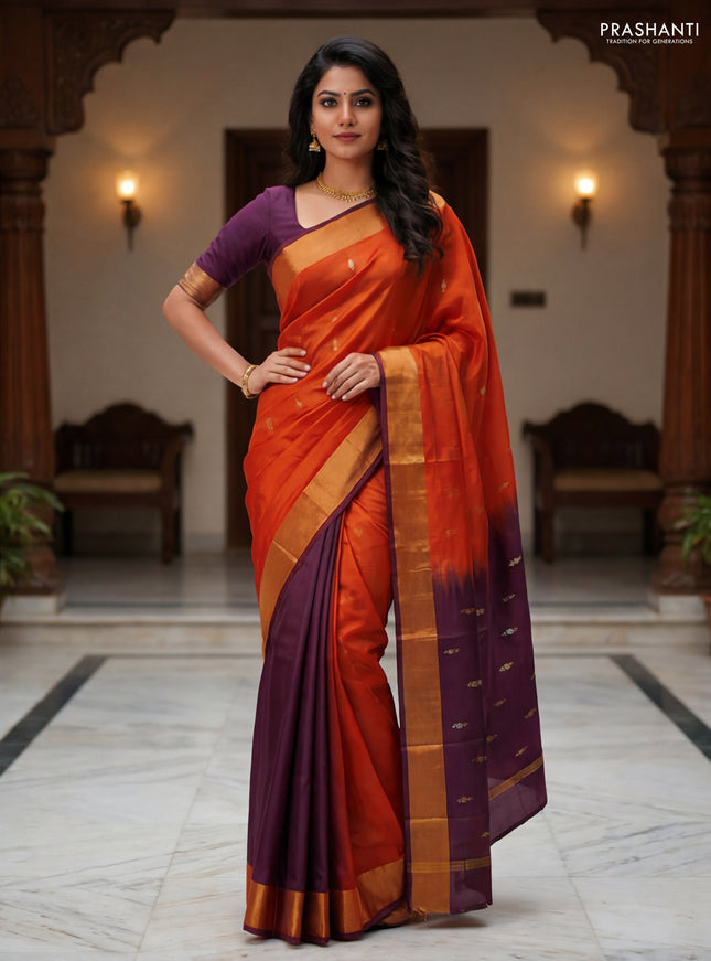 Pure uppada partly silk saree rust shade and coffee brown with allover silver & zari woven buttas and zari woven border