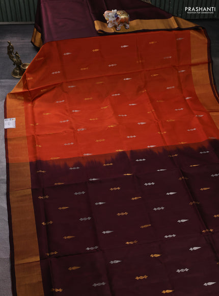 Pure uppada partly silk saree rust shade and coffee brown with allover silver & zari woven buttas and zari woven border