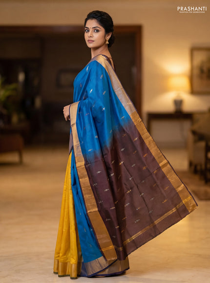 Pure uppada partly silk saree cs blue and coffee brown with allover zari woven buttas and zari woven border