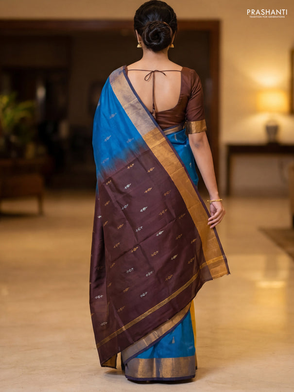 Pure uppada partly silk saree cs blue and coffee brown with allover zari woven buttas and zari woven border