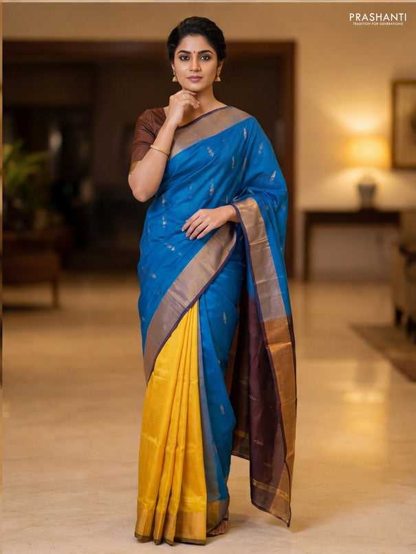 Pure uppada partly silk saree cs blue and coffee brown with allover zari woven buttas and zari woven border