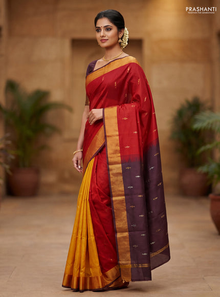 Pure uppada partly silk saree maroon and mustard yellow with allover silver & zari woven buttas and zari woven border