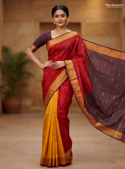 Pure uppada partly silk saree maroon and mustard yellow with allover silver & zari woven buttas and zari woven border