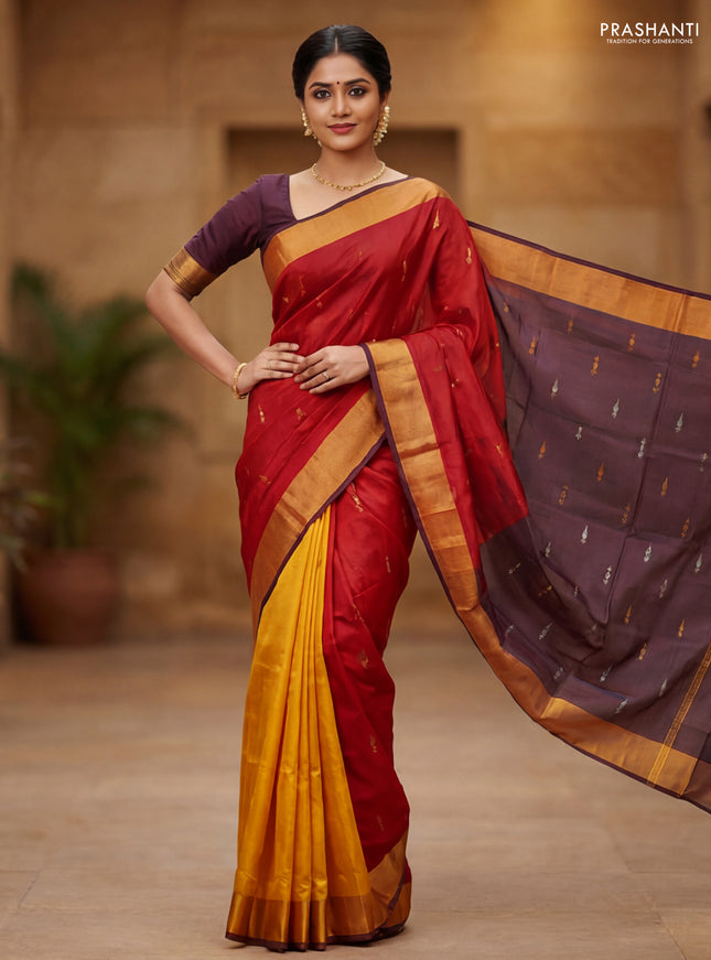 Pure uppada partly silk saree maroon and mustard yellow with allover silver & zari woven buttas and zari woven border