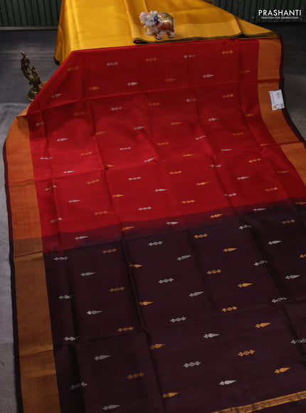 Pure uppada partly silk saree maroon and mustard yellow with allover silver & zari woven buttas and zari woven border