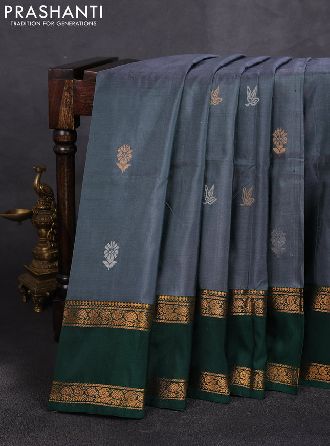 Pure uppada silk saree greyish green and bottle green with allover silver & zari woven buttas and rettapet zari woven border