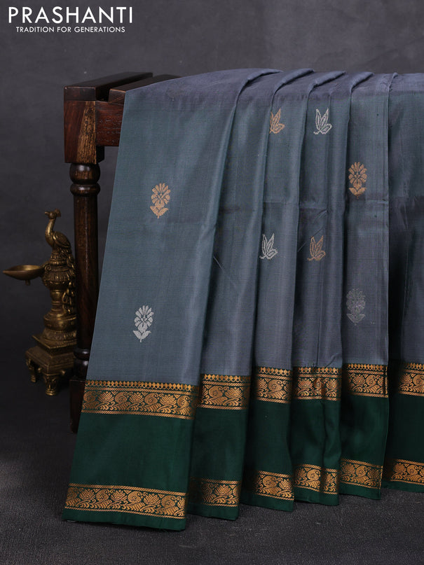 Pure uppada silk saree greyish green and bottle green with allover silver & zari woven buttas and rettapet zari woven border