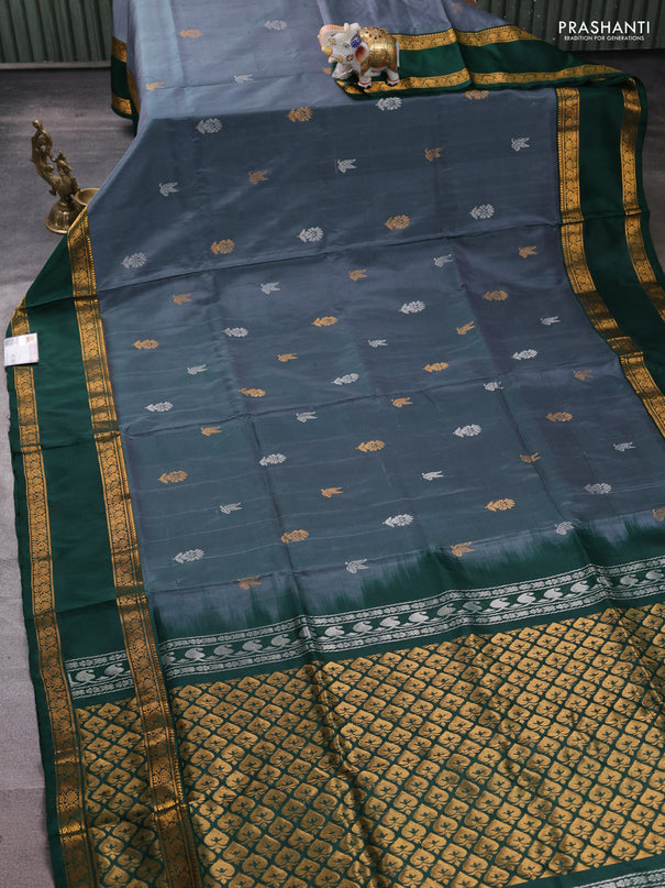 Pure uppada silk saree greyish green and bottle green with allover silver & zari woven buttas and rettapet zari woven border