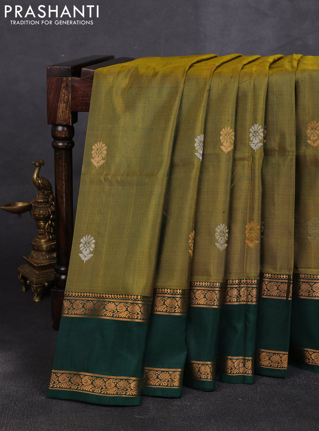 Pure uppada silk saree mehendi green and bottle green with allover silver & zari woven buttas and rettapet zari woven border