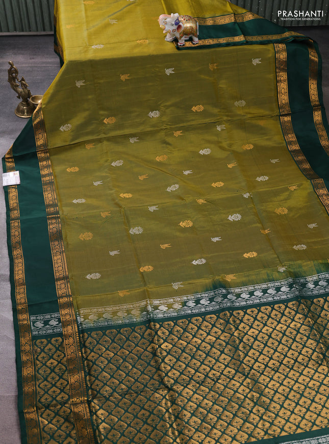 Pure uppada silk saree mehendi green and bottle green with allover silver & zari woven buttas and rettapet zari woven border