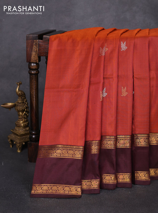 Pure uppada silk saree rust shade and deep maroon with allover silver & zari woven buttas and rettapet zari woven butta border