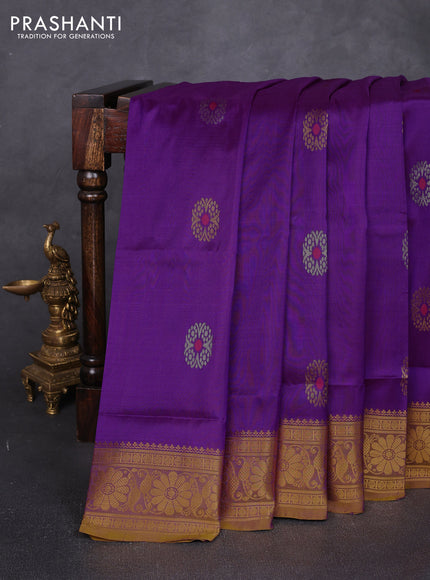 Pure uppada silk saree purple and mustard yellow with allover silver & zari woven buttas and zari woven border