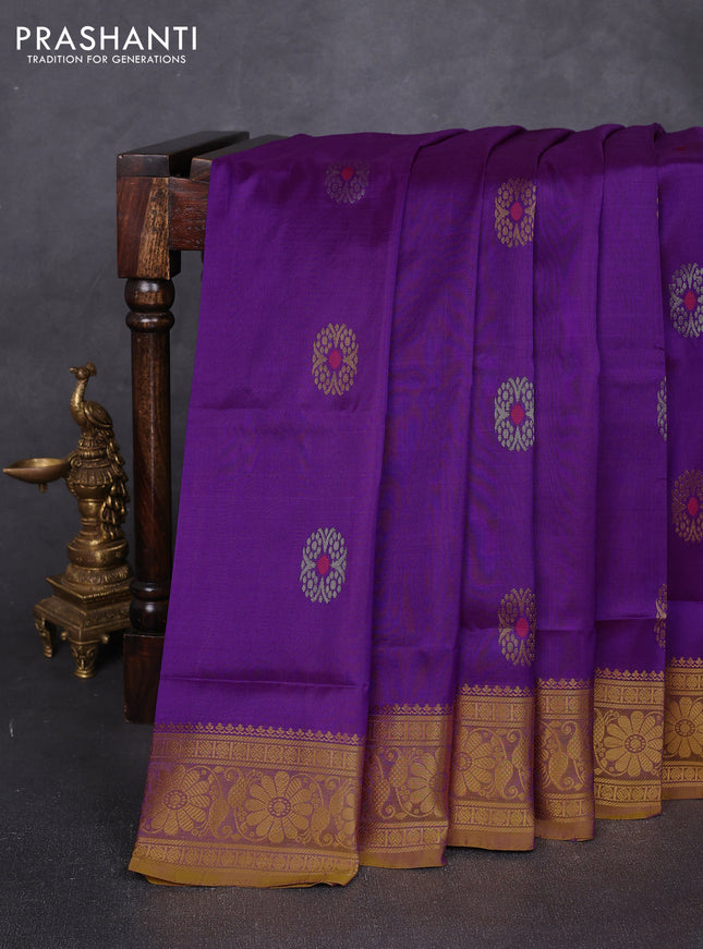 Pure uppada silk saree purple and mustard yellow with allover silver & zari woven buttas and zari woven border