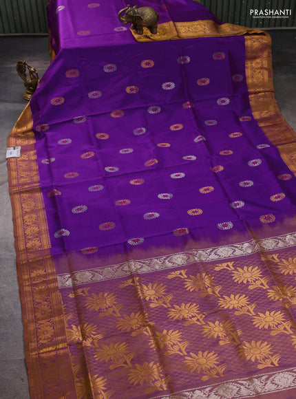 Pure uppada silk saree purple and mustard yellow with allover silver & zari woven buttas and zari woven border