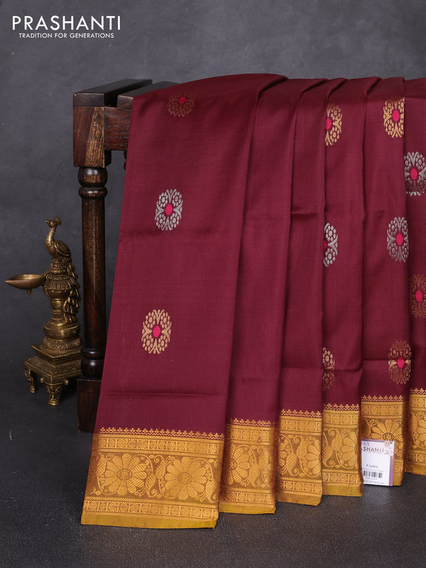 Pure uppada silk saree deep maroon and mustard green with allover silver & zari woven buttas and zari woven border