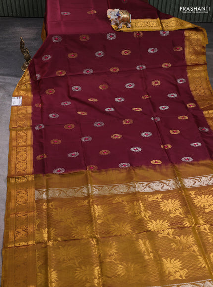Pure uppada silk saree deep maroon and mustard green with allover silver & zari woven buttas and zari woven border