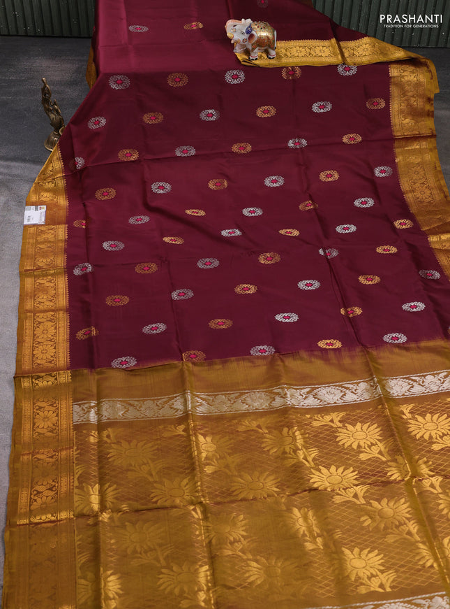 Pure uppada silk saree deep maroon and mustard green with allover silver & zari woven buttas and zari woven border