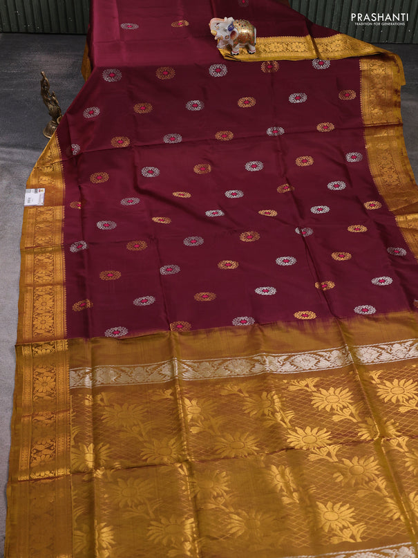 Pure uppada silk saree deep maroon and mustard green with allover silver & zari woven buttas and zari woven border