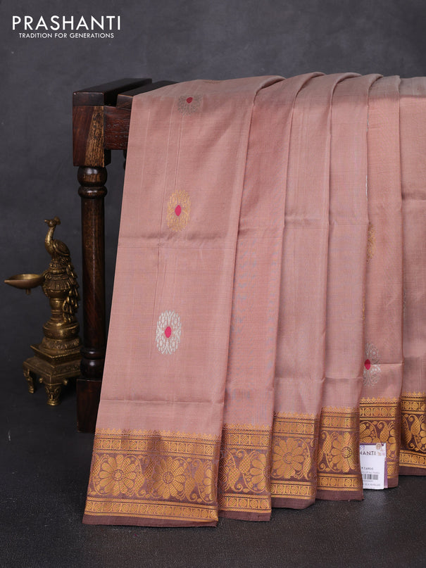 Pure uppada silk saree sandal and coffee brown with allover silver & zari woven buttas and zari woven border
