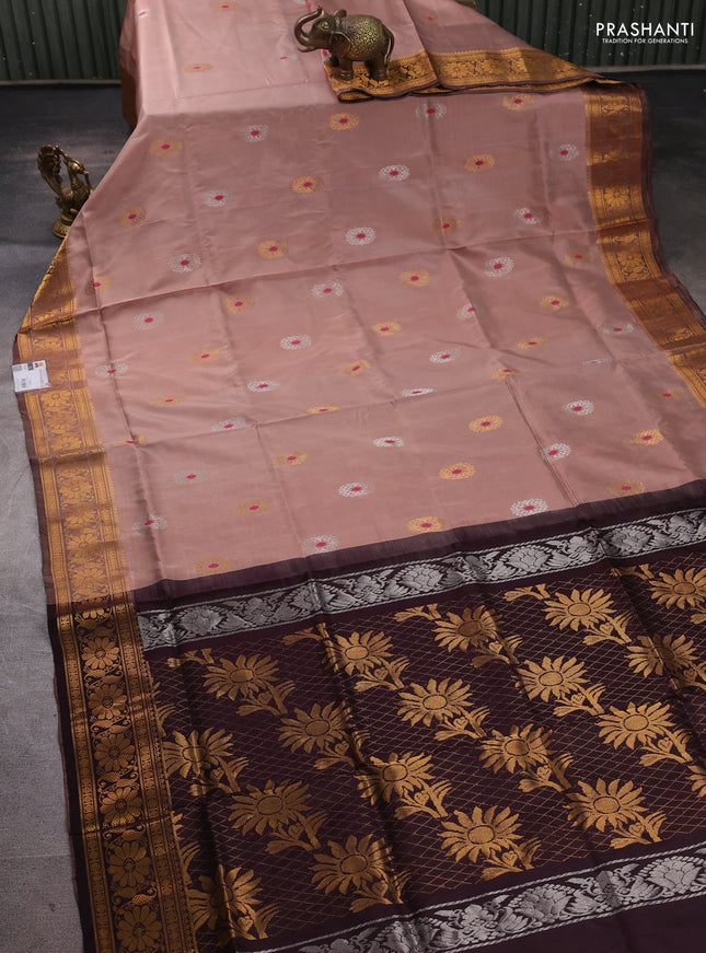 Pure uppada silk saree sandal and coffee brown with allover silver & zari woven buttas and zari woven border