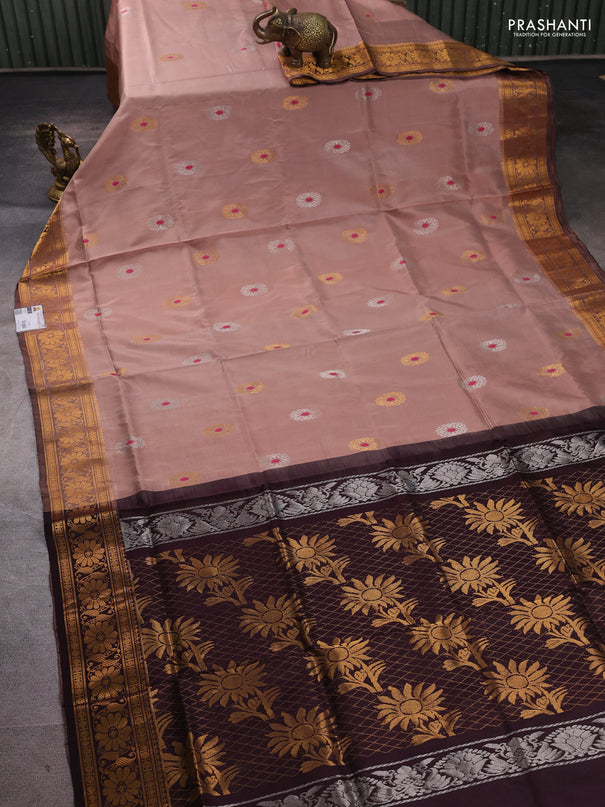 Pure uppada silk saree sandal and coffee brown with allover silver & zari woven buttas and zari woven border