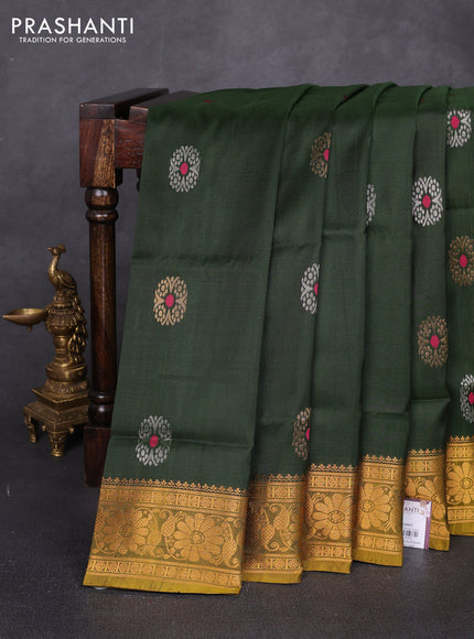 Pure uppada silk saree olive green and mustard yellow with allover silver & zari woven buttas and zari woven border