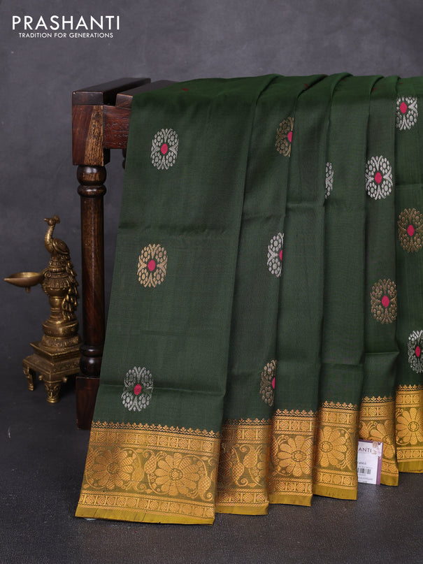 Pure uppada silk saree olive green and mustard yellow with allover silver & zari woven buttas and zari woven border