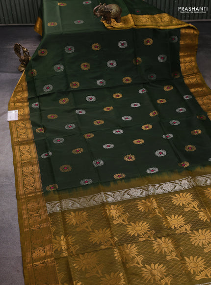 Pure uppada silk saree olive green and mustard yellow with allover silver & zari woven buttas and zari woven border