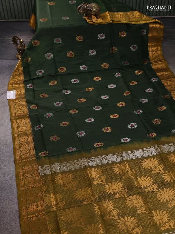 Pure uppada silk saree olive green and mustard yellow with allover silver & zari woven buttas and zari woven border