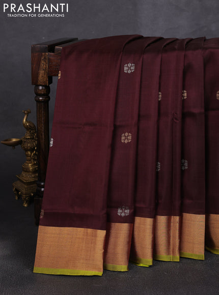 Pure uppada silk saree coffee brown and lime green with allover silver & zari woven buttas and zari woven border