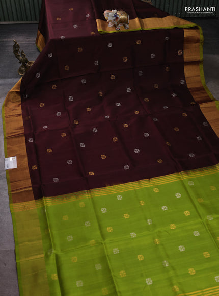 Pure uppada silk saree coffee brown and lime green with allover silver & zari woven buttas and zari woven border