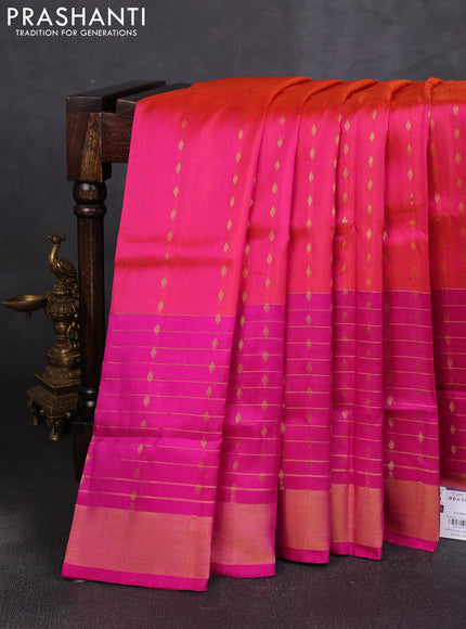 Pure uppada silk saree dual shade of pinkish orange and pink with allover zari woven buttas and long zari woven border