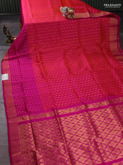 Pure uppada silk saree dual shade of pinkish orange and pink with allover zari woven buttas and long zari woven border
