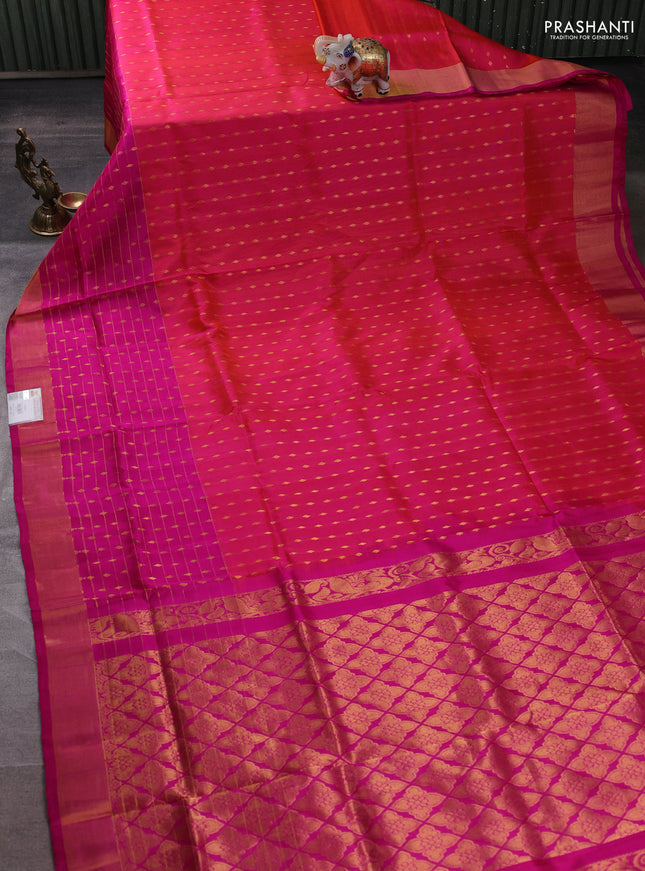Pure uppada silk saree dual shade of pinkish orange and pink with allover zari woven buttas and long zari woven border