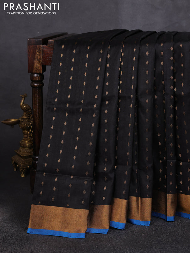 Pure uppada silk saree black and cs blue with allover zari woven buttas and long zari woven border