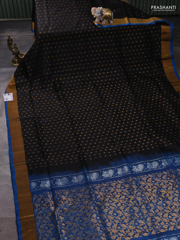 Pure uppada silk saree black and cs blue with allover zari woven buttas and long zari woven border