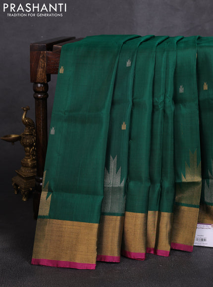 Pure uppada silk saree green and pink with allover silver & zari woven buttas and temple design zari woven border