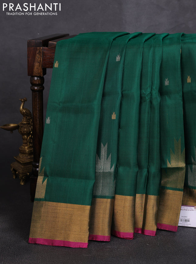 Pure uppada silk saree green and pink with allover silver & zari woven buttas and temple design zari woven border