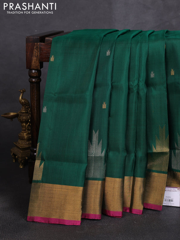 Pure uppada silk saree green and pink with allover silver & zari woven buttas and temple design zari woven border