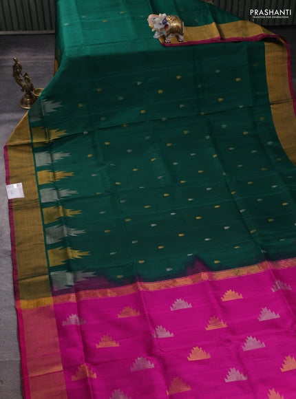 Pure uppada silk saree green and pink with allover silver & zari woven buttas and temple design zari woven border