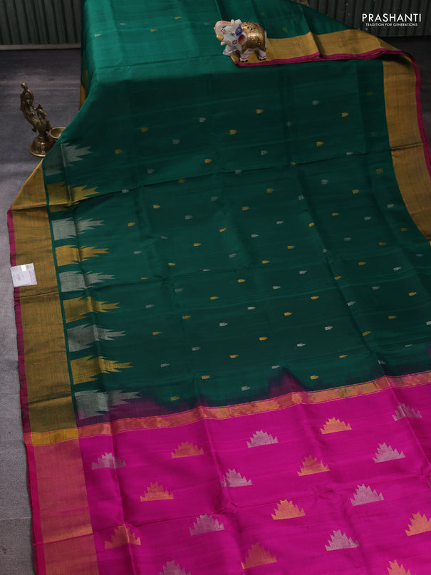 Pure uppada silk saree green and pink with allover silver & zari woven buttas and temple design zari woven border